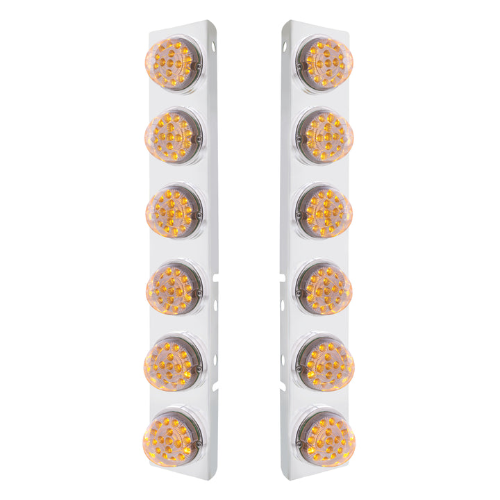 Stainless Steel Front Air Cleaner Bracket With 12 x 17 Amber LED Dual Function Reflector Lights &amp; Stainless Steel Bezels For Peterbilt - Clear Lens