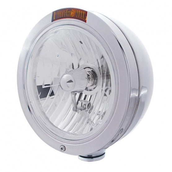 Stainless Steel Bullet Classic Headlight Crystal H4 Bulb &amp; Turn Signal - Amber Lens