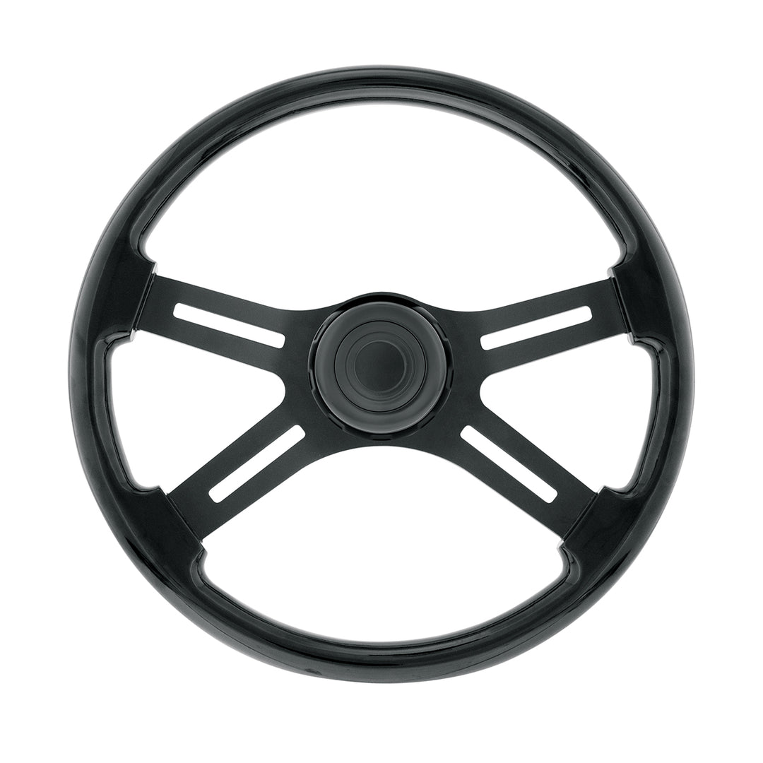18" Matte Black 4 Spoke Steering Wheel With Horn Bezel &amp; Button - Gloss Black