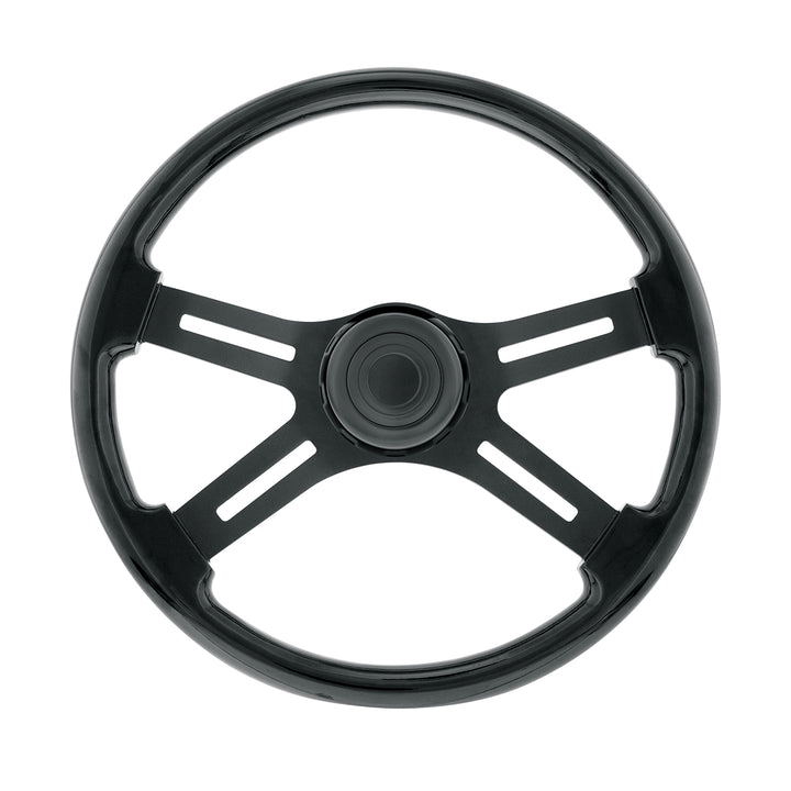 18" Matte Black 4 Spoke Steering Wheel With Horn Bezel &amp; Button - Gloss Black