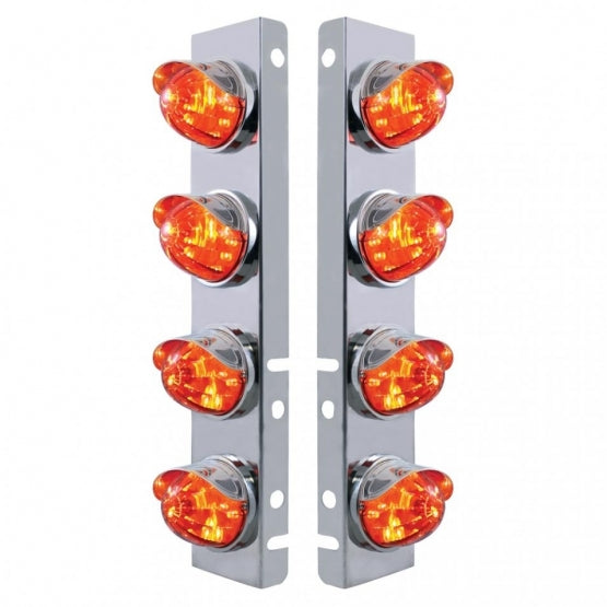 Stainless Steel Front Air Cleaner Bracket With 8X LED Watermelon Lights &amp; Stainless Steel Visors For Peterbilt - Amber LED/Dark Amber Lens