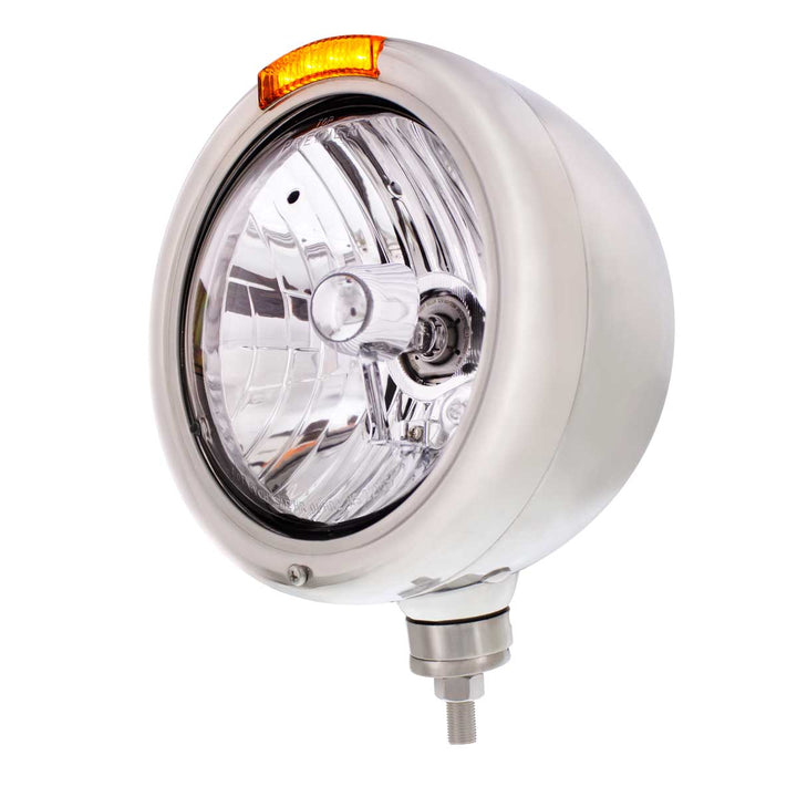 Stainless Steel Classic Headlight Crystal H4 Bulb &amp; LED Turn Signal - Amber Lens