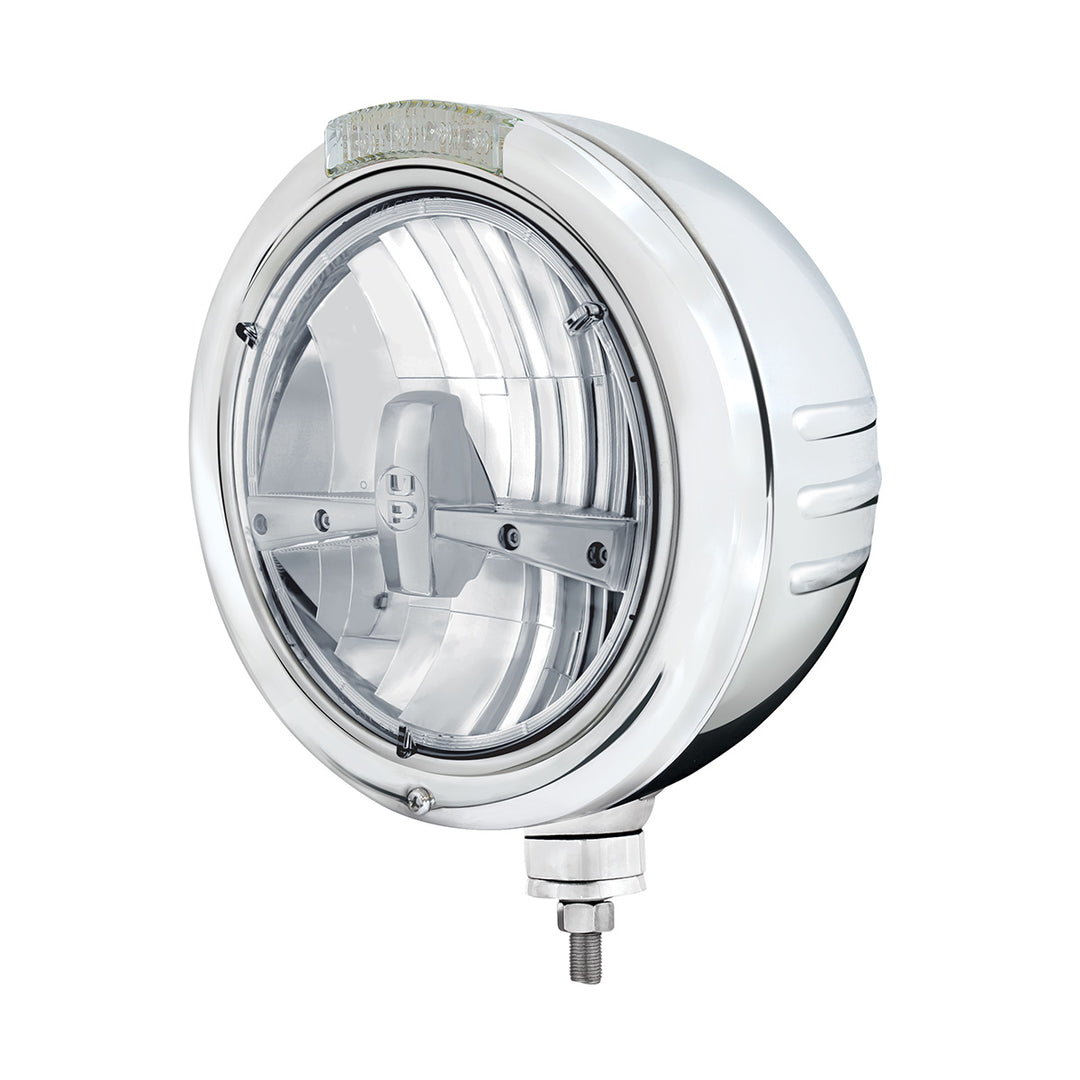 Stainless Steel Classic Embossed Stripe Headlight 5 LED Bulb &amp; Dual Mode LED Signal - Clear Lens