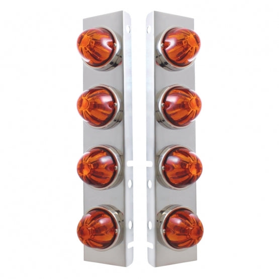 Stainless Steel Front Air Cleaner Bracket With 8X Glass Watermelon Lights &amp; Stainless Steel Bezels For Peterbilt - Dark Amber Lens