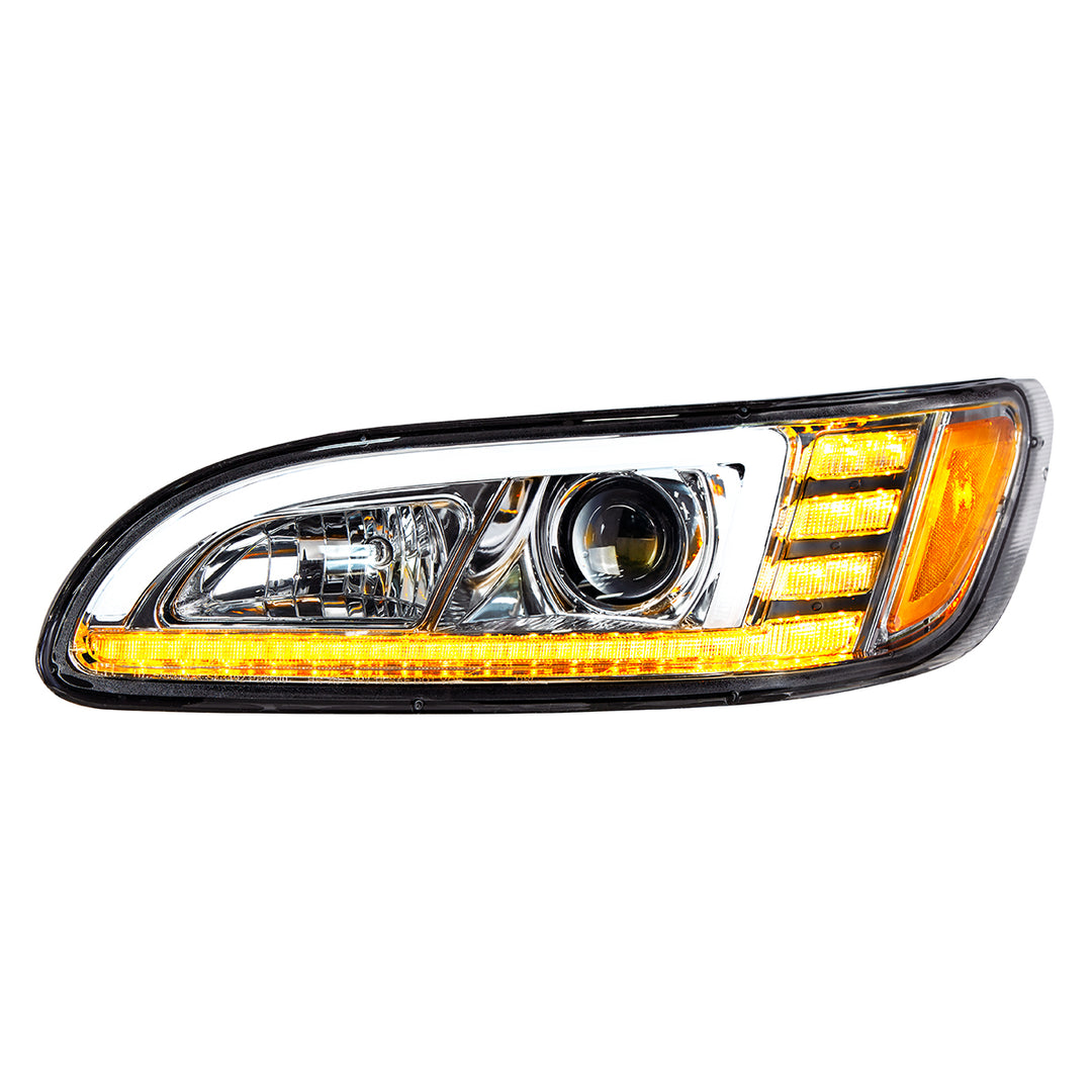 Chrome Projection Headlight With LED Sequential Turn &amp; DRL For 2005-2015 Peterbilt 386 - Driver