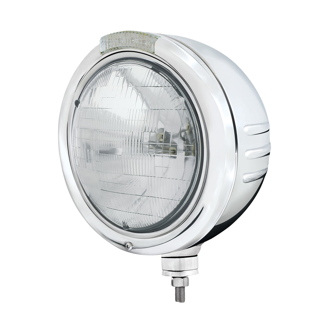 Stainless Steel Classic Embossed Stripe Headlight H6024 &amp; Dual Mode LED Signal - Clear Lens