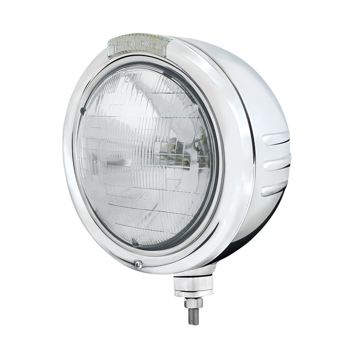 Stainless Steel Classic Embossed Stripe Headlight H6024 &amp; Dual Mode LED Signal - Clear Lens