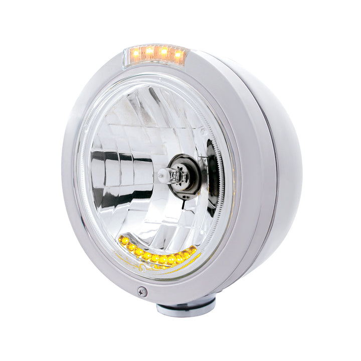 Stainless Steel Bullet Classic Headlight H4 With 10 Amber LED &amp; Dual Mode LED Signal - Clear Lens