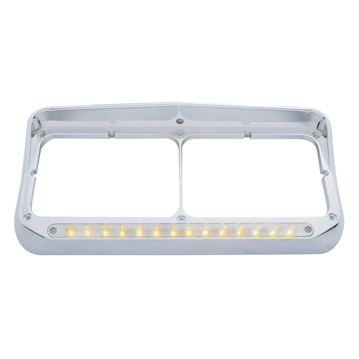 14 LED Chrome Rectangular Dual Headlight Bezel With Visor - Amber LED/Clear Lens
