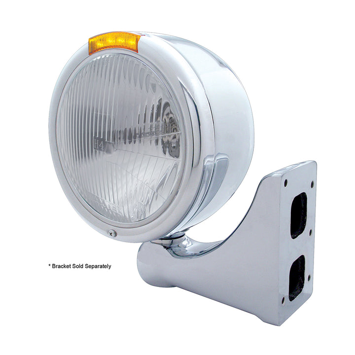 Stainless Steel Classic Half Moon Headlight H4 Bulb &amp; LED Turn Signal - Amber Lens