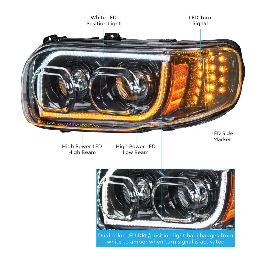 High Power LED "Blackout" Headlight With 16 LED Turn &amp; 57 LED Bar For 2008-2024 Peterbilt 389 - Driver