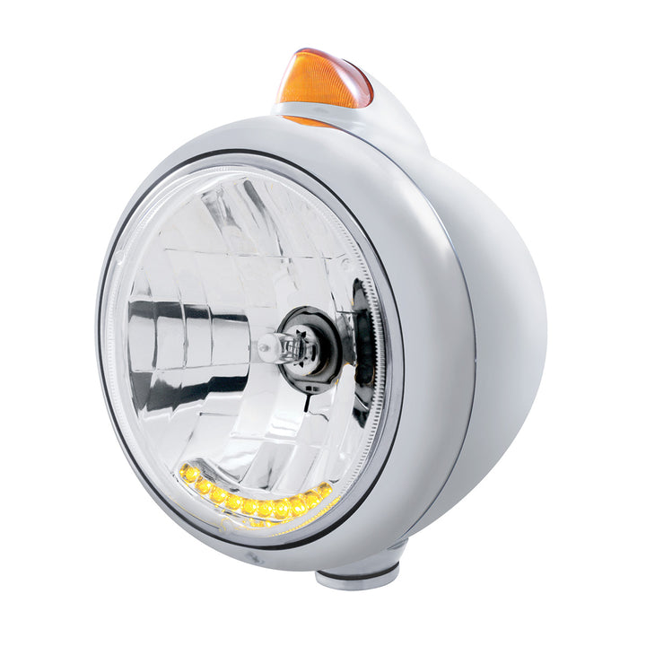 Chrome Guide 682-C Headlight H4 With 10 Amber LED &amp; Original Style Turn - Amber Lens