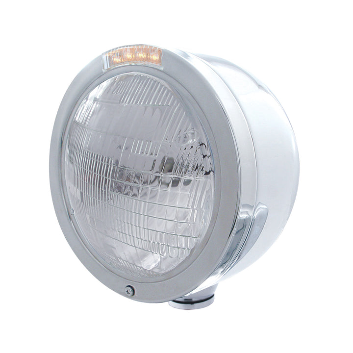 Stainless Steel Bullet Half Moon Headlight 6014 Bulb &amp; LED Turn Signal - Clear Lens