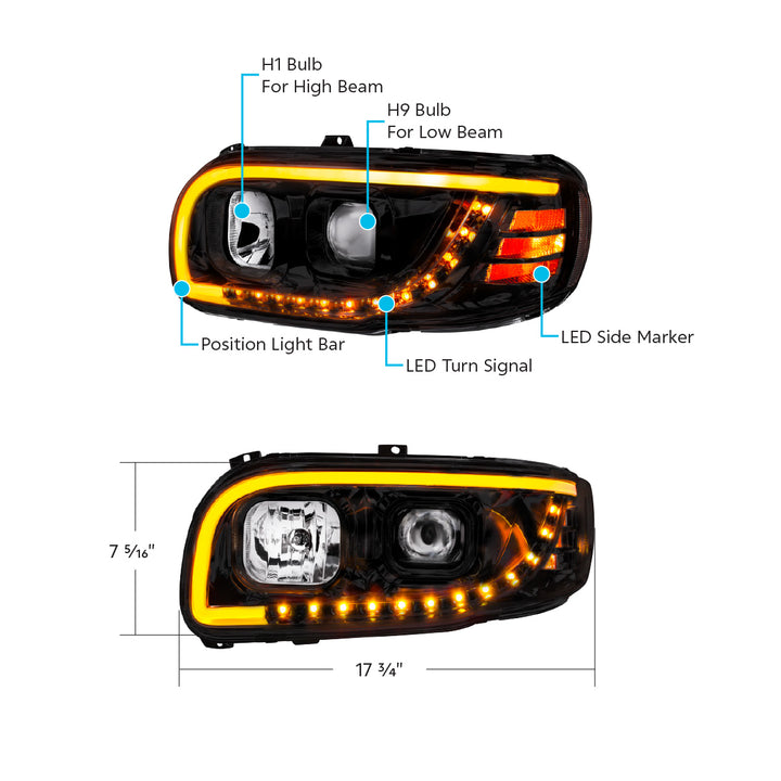 Blackout Projection Headlight With LED Turn Signal &amp; Light Bar For 2008-2024 Peterbilt 389 - Passenger