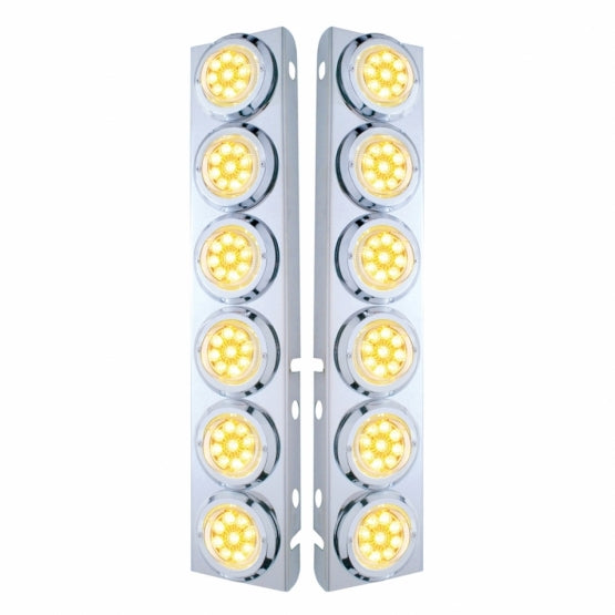 Stainless Steel Front Air Cleaner Bracket With 12 x 9 LED 2" Reflector Lights &amp; Bezels For Peterbilt - Amber LED/Clear Lens