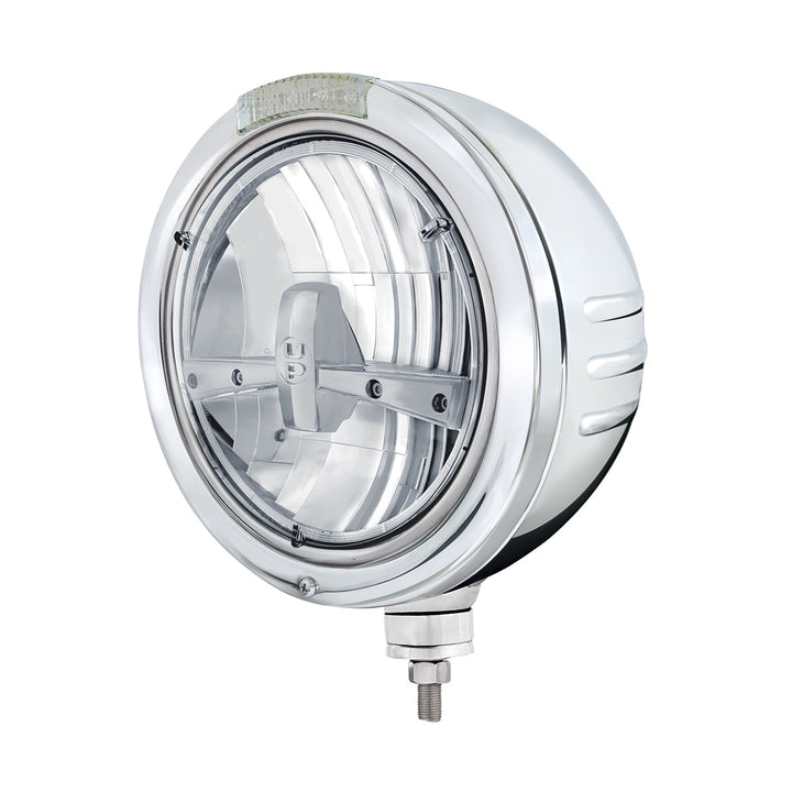 Stainless Steel Bullet Embossed Stripe Headlight 5 LED Bulb &amp; Dual Mode LED Signal - Clear Lens