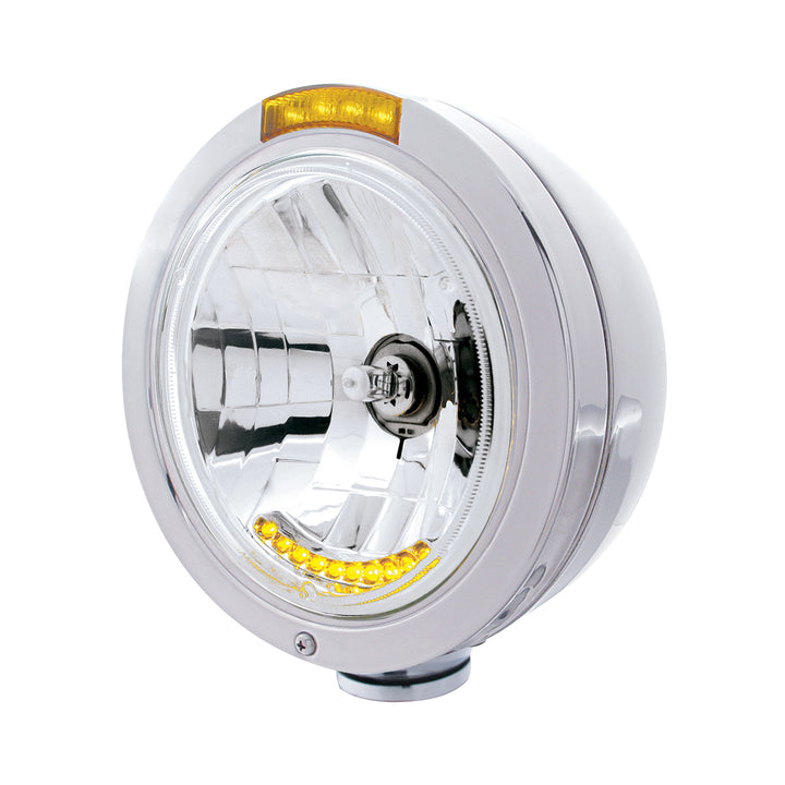 Stainless Steel Bullet Classic Headlight H4 With 10 Amber LED &amp; LED Signal - Amber Lens