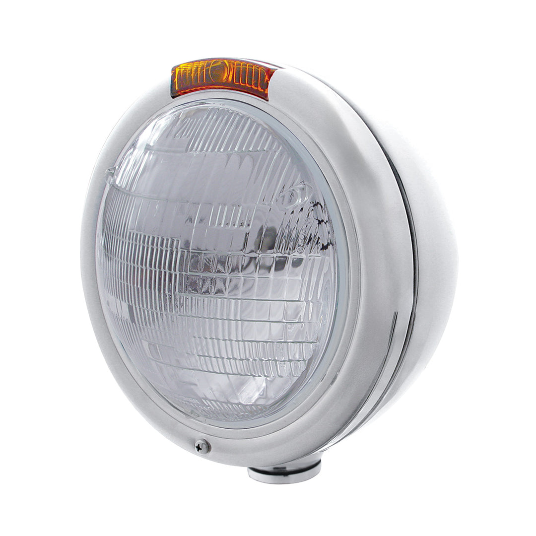 Stainless Steel Classic Headlight 6014 Bulb &amp; Turn Signal - Amber Lens