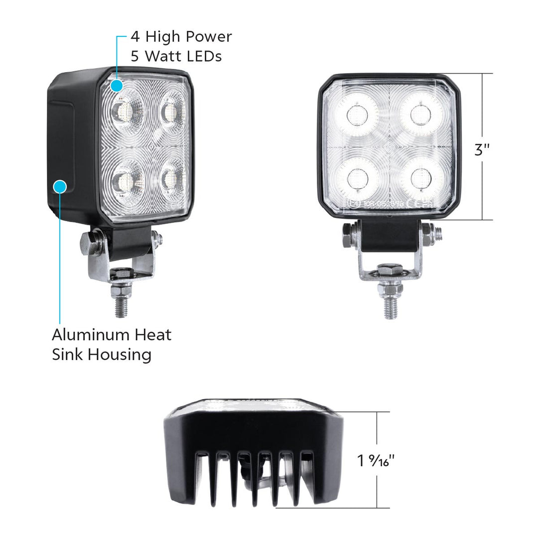 4 LED High Power 3" Square Work Light - Flood