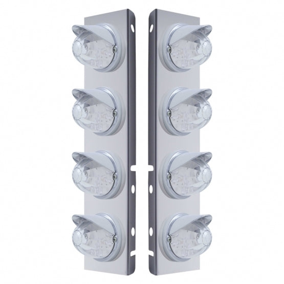 Stainless Steel Front Air Cleaner Bracket With 8 x 17 LED Watermelon Lights &amp; Visors For Peterbilt - Amber LED/Clear Lens