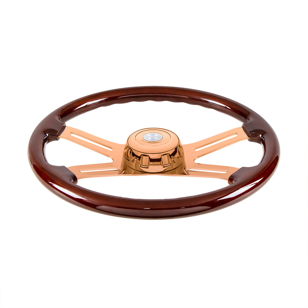 18" Rose Gold 4 Spoke Steering Wheel With Horn Button &amp; Bezel - Wood Grain