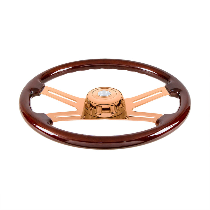 18" Rose Gold 4 Spoke Steering Wheel With Horn Button &amp; Bezel - Wood Grain