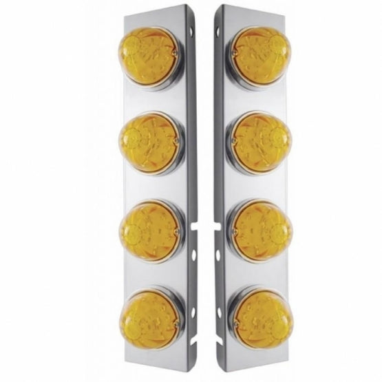 Stainless Steel Front Air Cleaner Bracket With 8 x 17 Amber LED Hi/Lo Watermelon Lights &amp; Stainless Steel Bezels For Peterbilt - Amber Lens