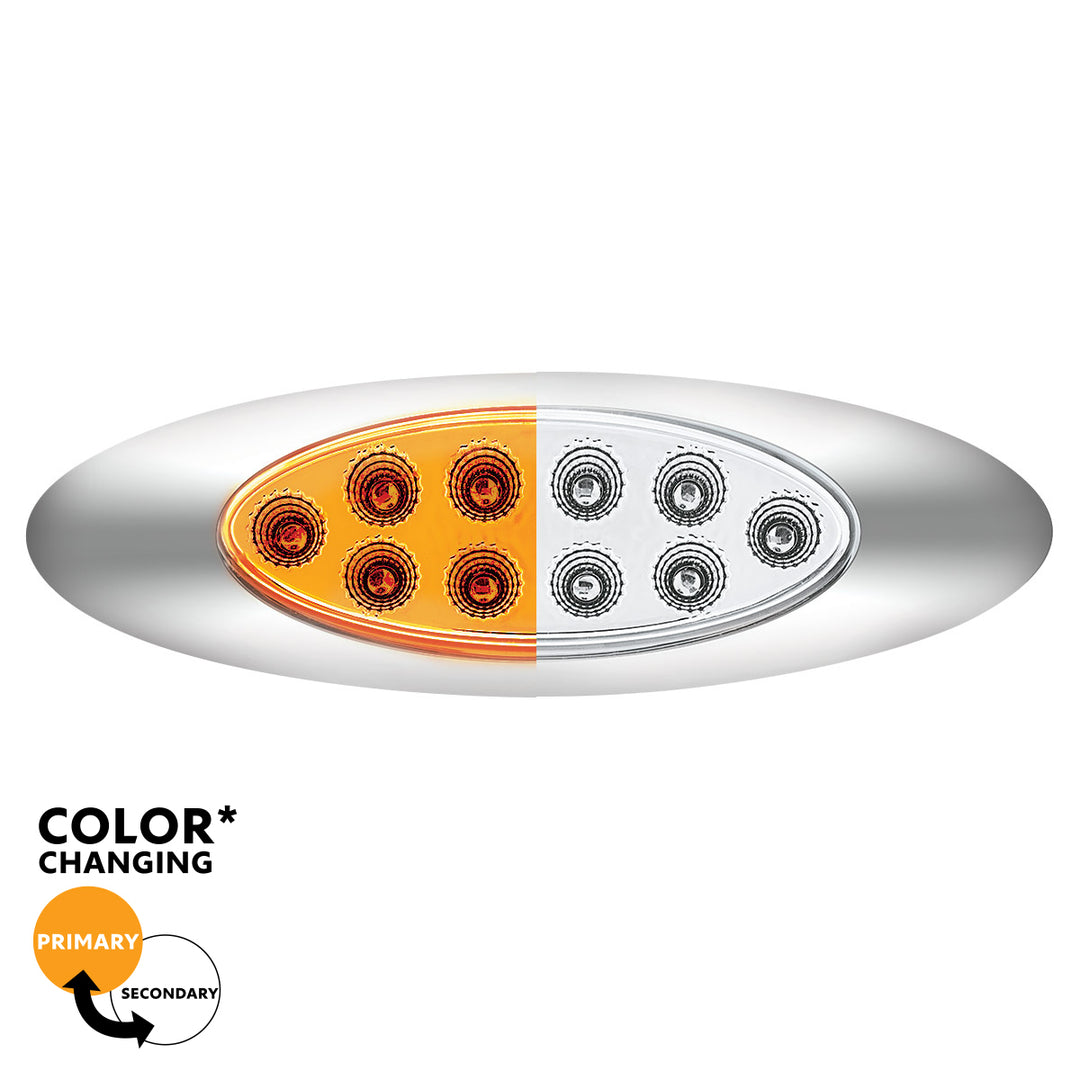 10 LED Oval Double Fury Light With Clear Lens &amp; Chrome Bezel (Clearance/Marker) - Amber &amp; White LED/Clear Lens