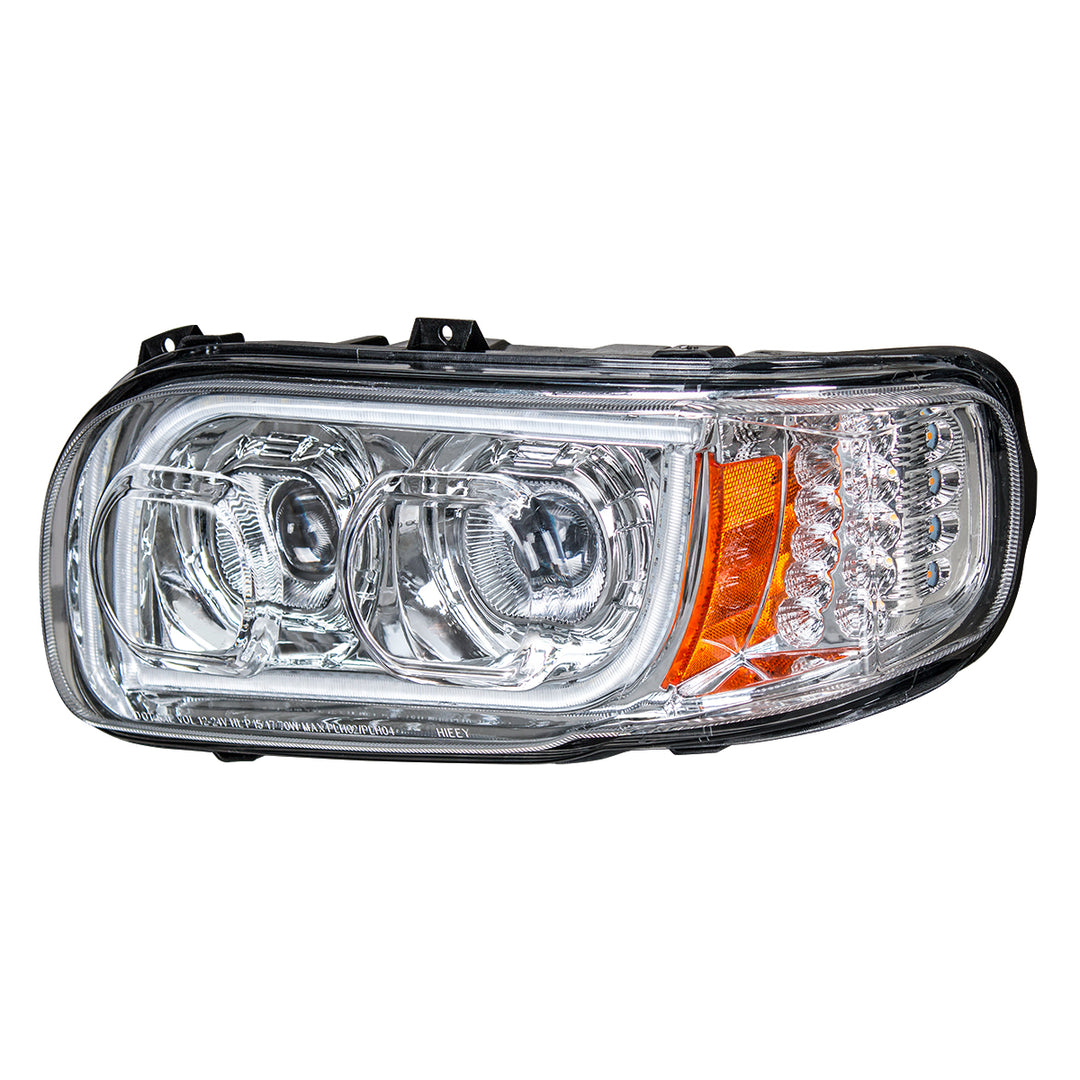 High Power LED Chrome Headlight With 16 LED Turn &amp; 57 LED Bar For 2008-2024 Peterbilt 389 - Driver