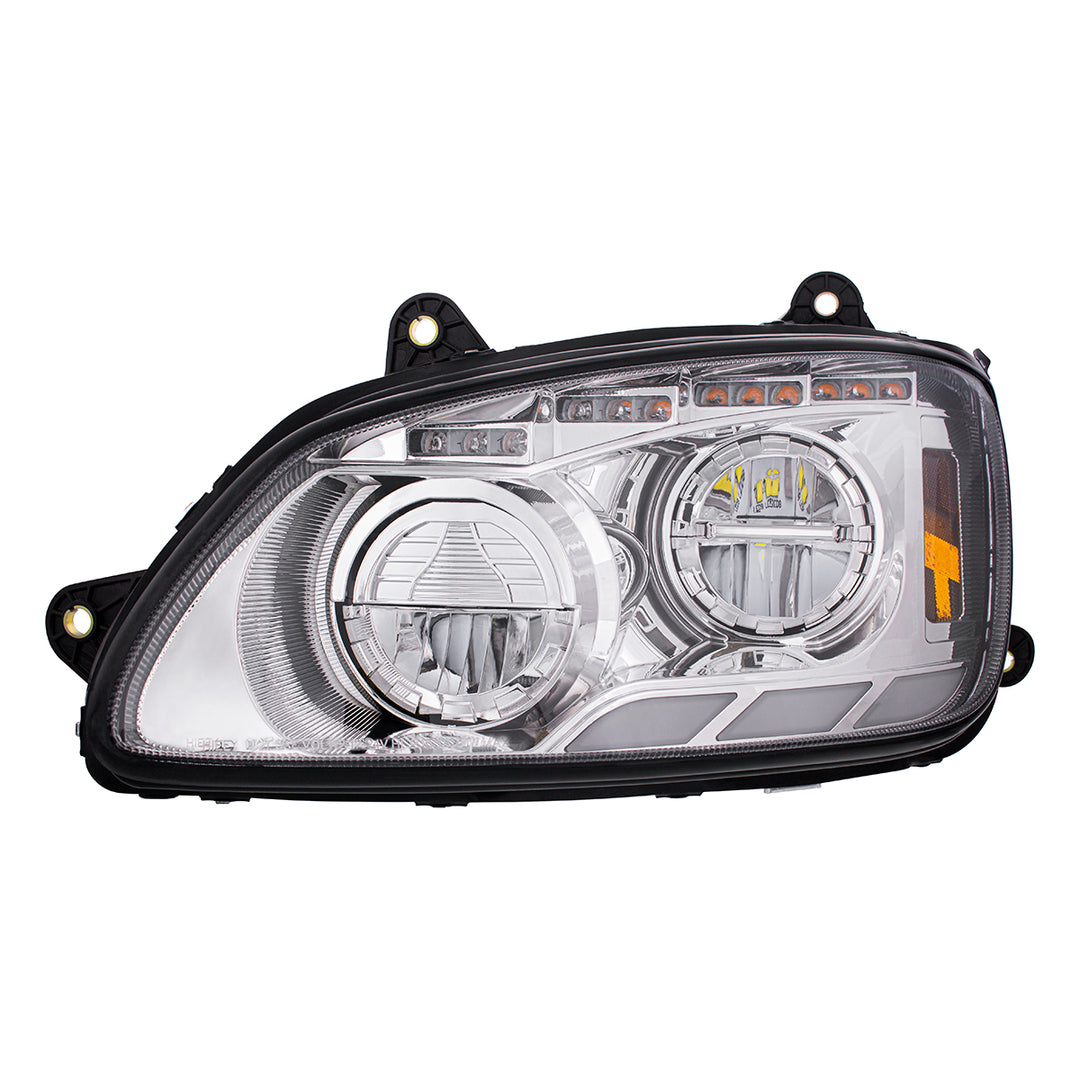 Chrome LED Headlight With Sequential Turn Signal &amp; Position Light Bars For 2008-17 Kenworth T660 - Driver
