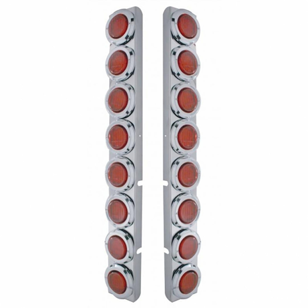 Stainless Rear Air Cleaner Bracket With 16 x 9 LED 2" Lights &amp; Bezels For Peterbilt - Red LED/Red Lens