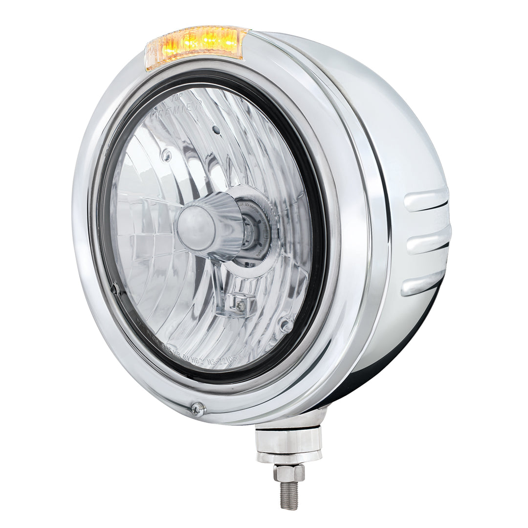 Stainless Steel Bullet Embossed Stripe Headlight Crystal H4 &amp; Dual Mode LED Signal - Clear Lens