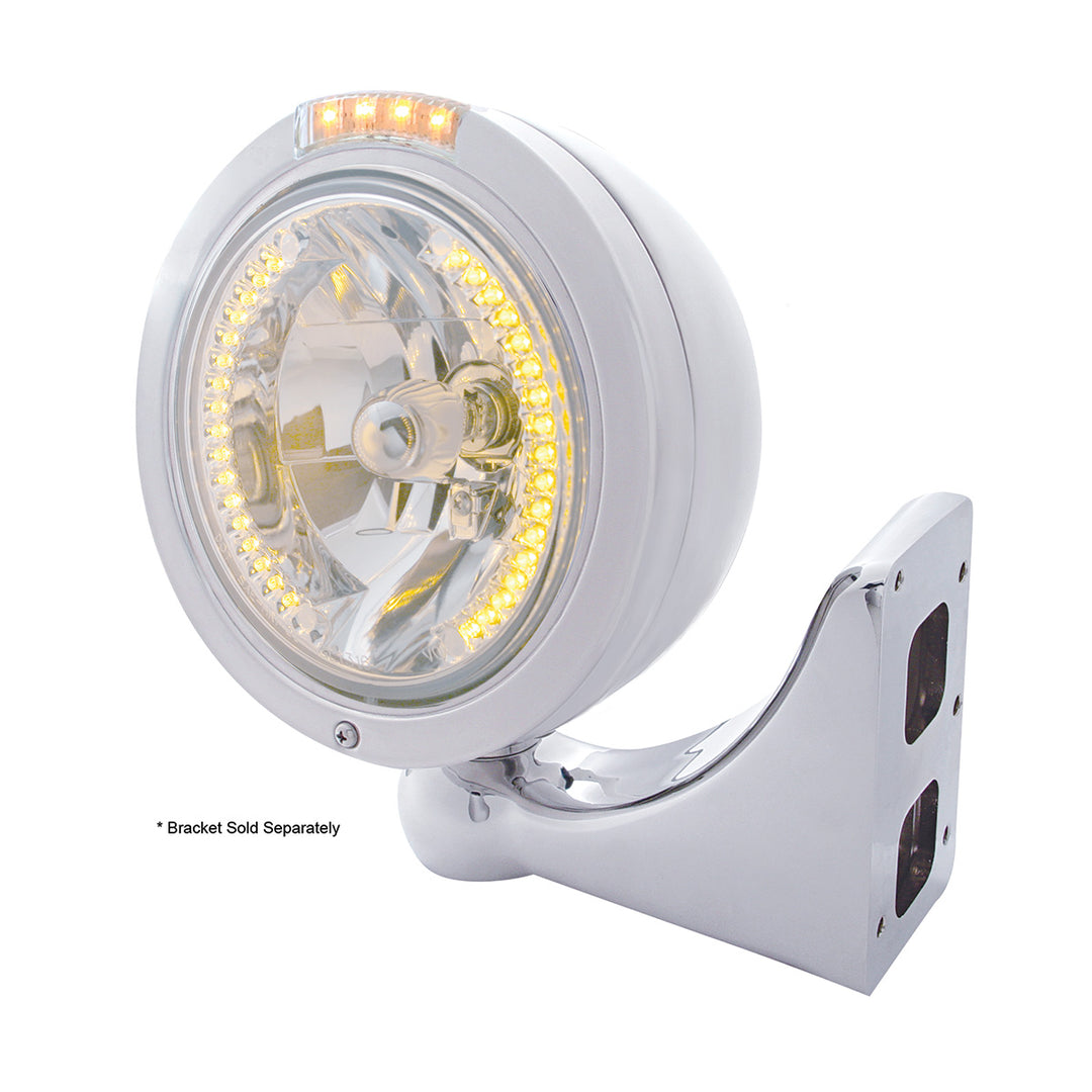 Stainless Steel Bullet Classic Headlight H4 With Amber LED &amp; Signal - Clear Lens