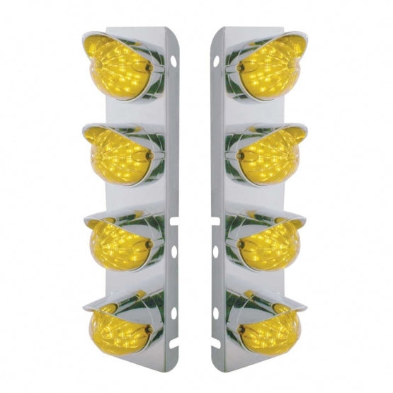 Stainless Steel Front Air Cleaner Bracket With 8 x 19 LED Bullet Style Lights &amp; Visors For Peterbilt - Amber LED &amp; Lens