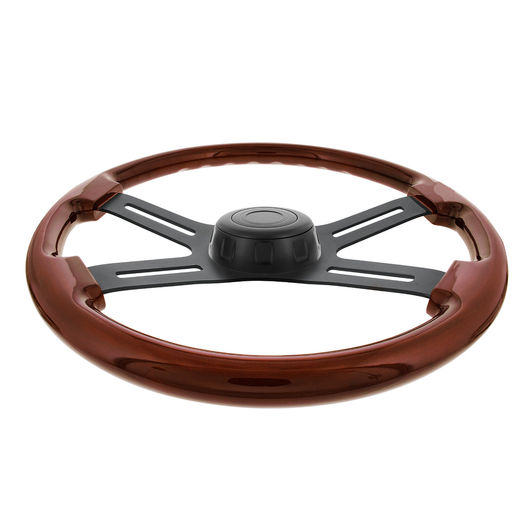 18" Matte Black 4 Spoke Steering Wheel With Horn Bezel &amp; Button - Wood Grain