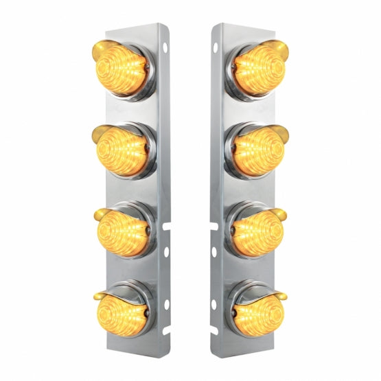 Stainless Steel Front Air Cleaner Bracket With 8 x 17 Amber LED Beehive Lights &amp; Stainless Steel Visors For Peterbilt - Clear Lens