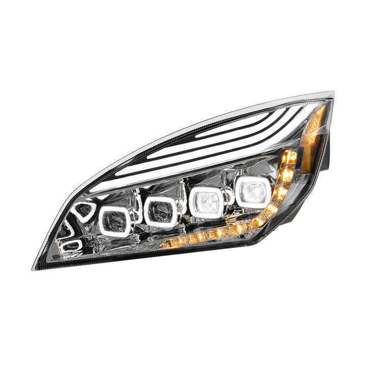 Chrome Quad - LED Headlight With LED DRL &amp; Seq. Signal For 2018-2024 Freightliner Cascadia - Driver