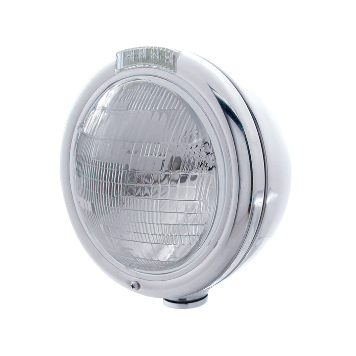 Stainless Steel Classic Headlight 6014 Bulb &amp; LED Turn Signal - Clear Lens