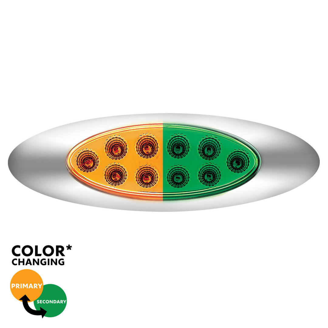 10 LED Oval Double Fury Light With Clear Lens &amp; Chrome Bezel (Clearance/Marker) - Amber &amp; Green LED/Clear Lens