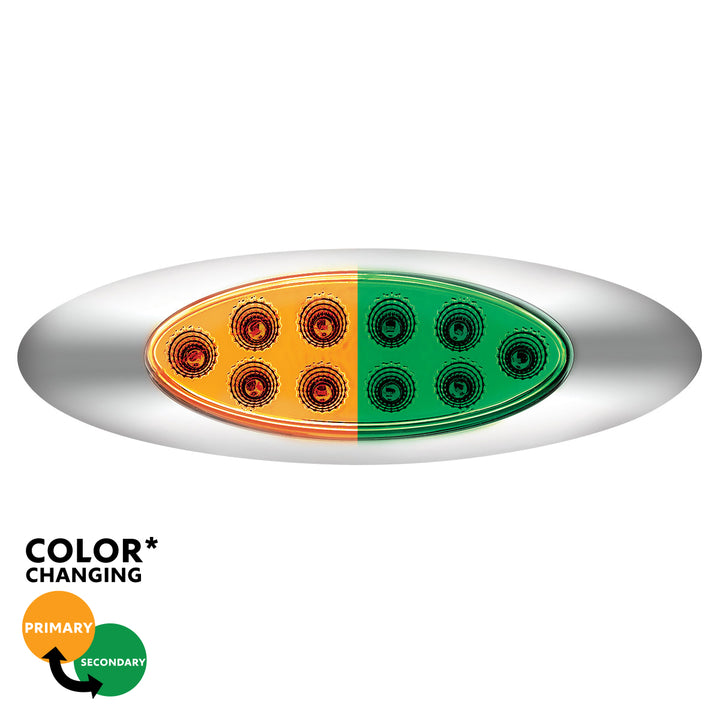 10 LED Oval Double Fury Light With Clear Lens &amp; Chrome Bezel (Clearance/Marker) - Amber &amp; Green LED/Clear Lens