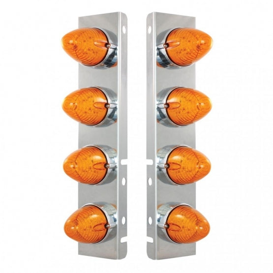 Stainless Steel Front Air Cleaner Bracket With 8 x 19 LED Beehive Lights &amp; Bezels For Peterbilt - Amber LED &amp; Lens