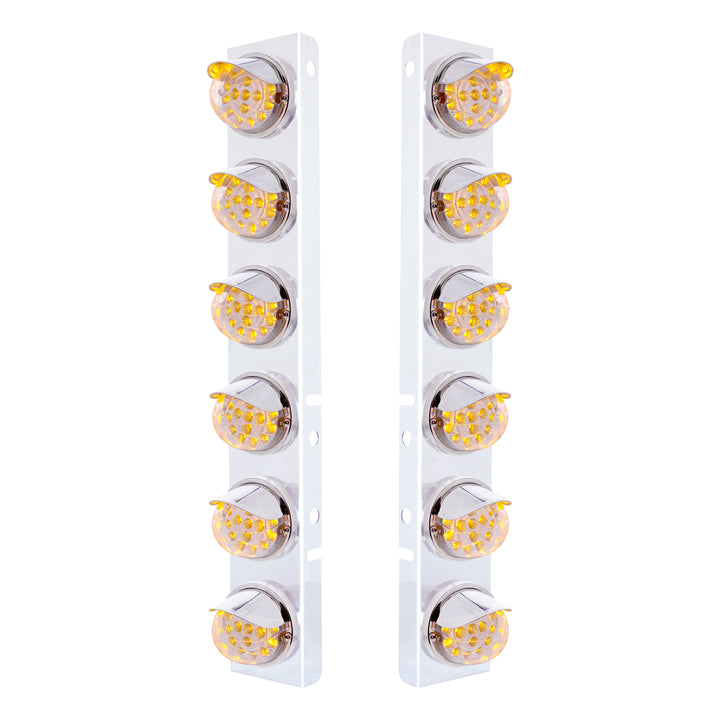 Stainless Steel Front Air Cleaner Bracket With 12 x 17 Amber LED Dual Function Reflector Lights &amp; Stainless Steel Visors For Peterbilt - Clear Lens