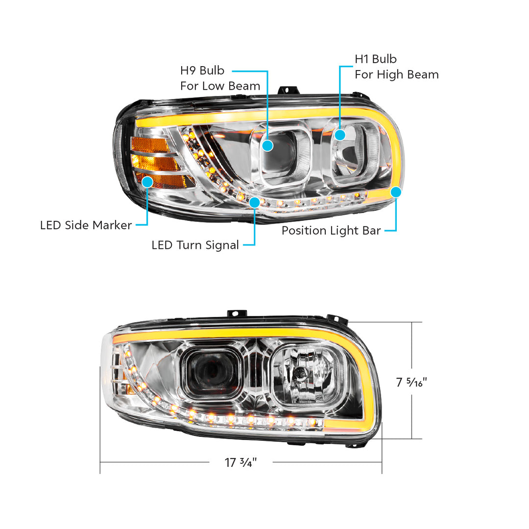 Chrome Projection Headlight With LED Turn Signal &amp; Light Bar For 2008-2024 Peterbilt 389 - Passenger