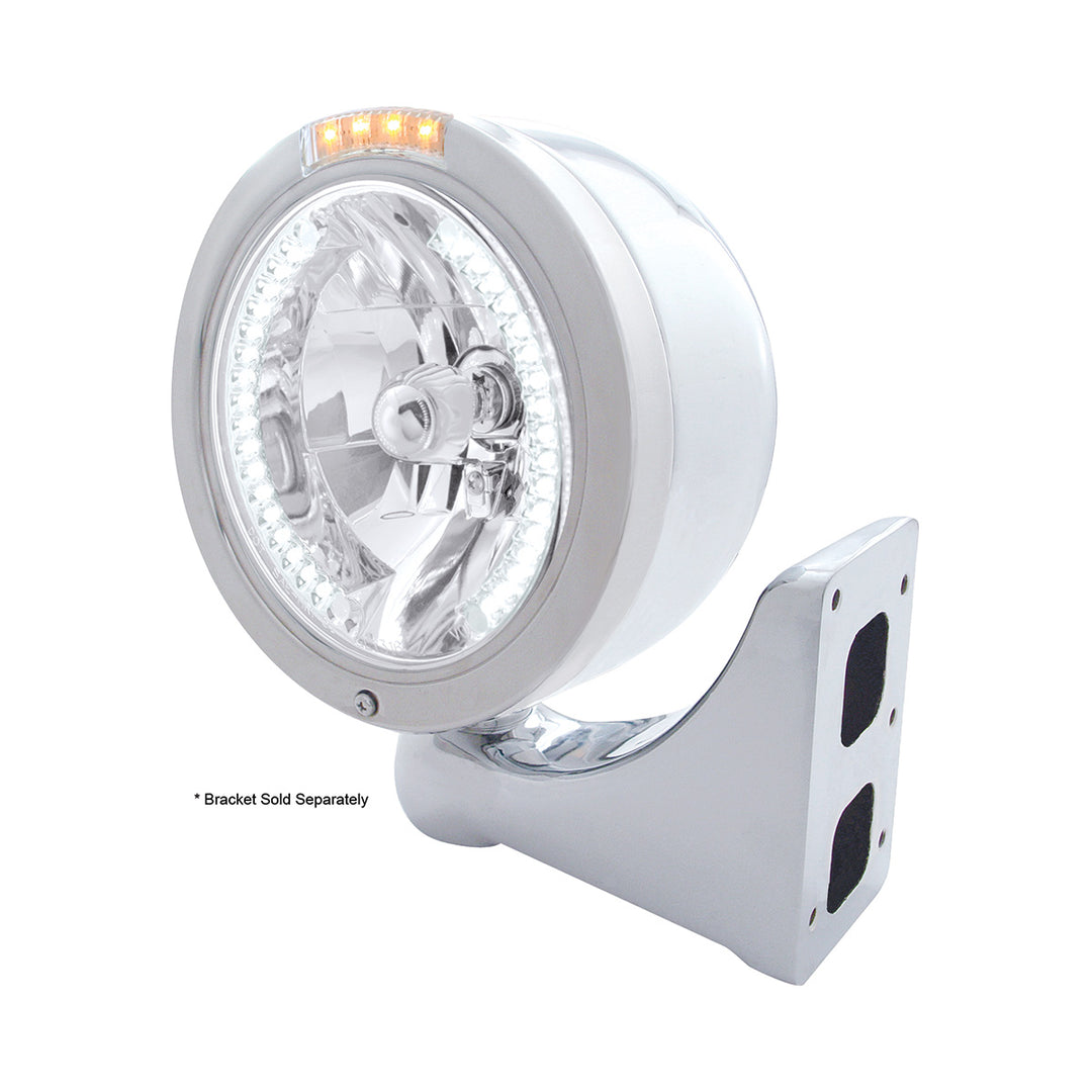 Stainless Steel Bullet Half Moon Headlight H4 With White LED &amp; Signal - Clear Lens