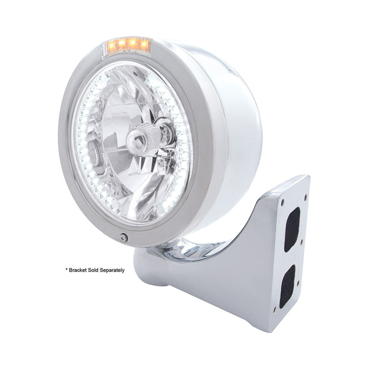Stainless Steel Bullet Half Moon Headlight H4 With White LED &amp; Signal - Clear Lens