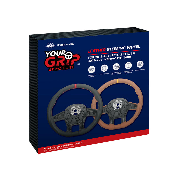 18" YourGrip GT PRO Leather Steering Wheel For 2012-2021 Peterbilt 579 &amp; 2013-2021 Kenworth T680 - Brown