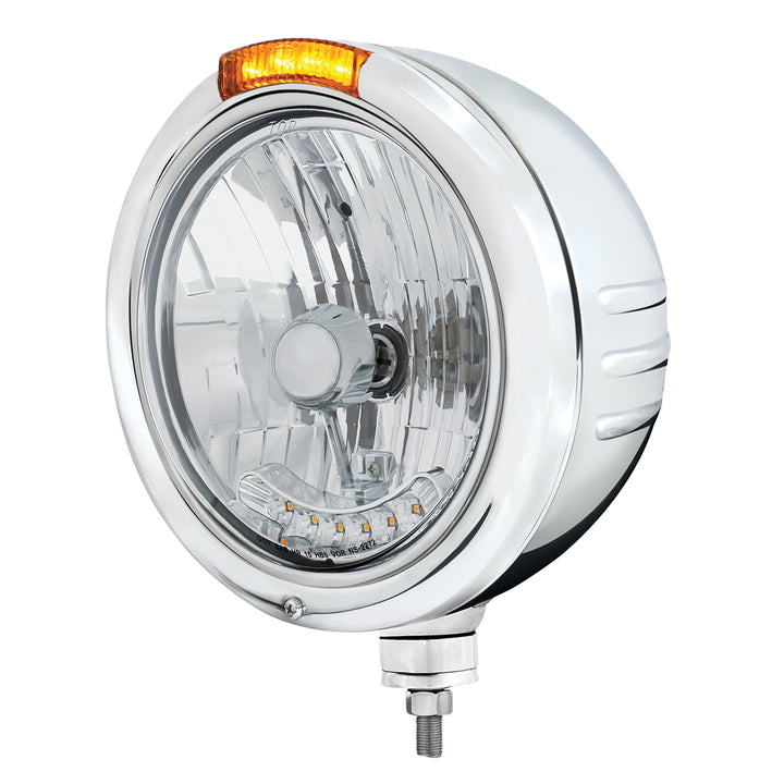 Stainless Steel Classic Embossed Stripe Headlight H4 With 6 Amber LED &amp; Dual Mode LED Signal - Amber Lens