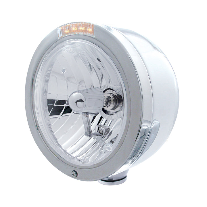 Stainless Steel Bullet Half Moon Headlight Crystal H4 Bulb &amp; LED Turn Signal - Clear Lens