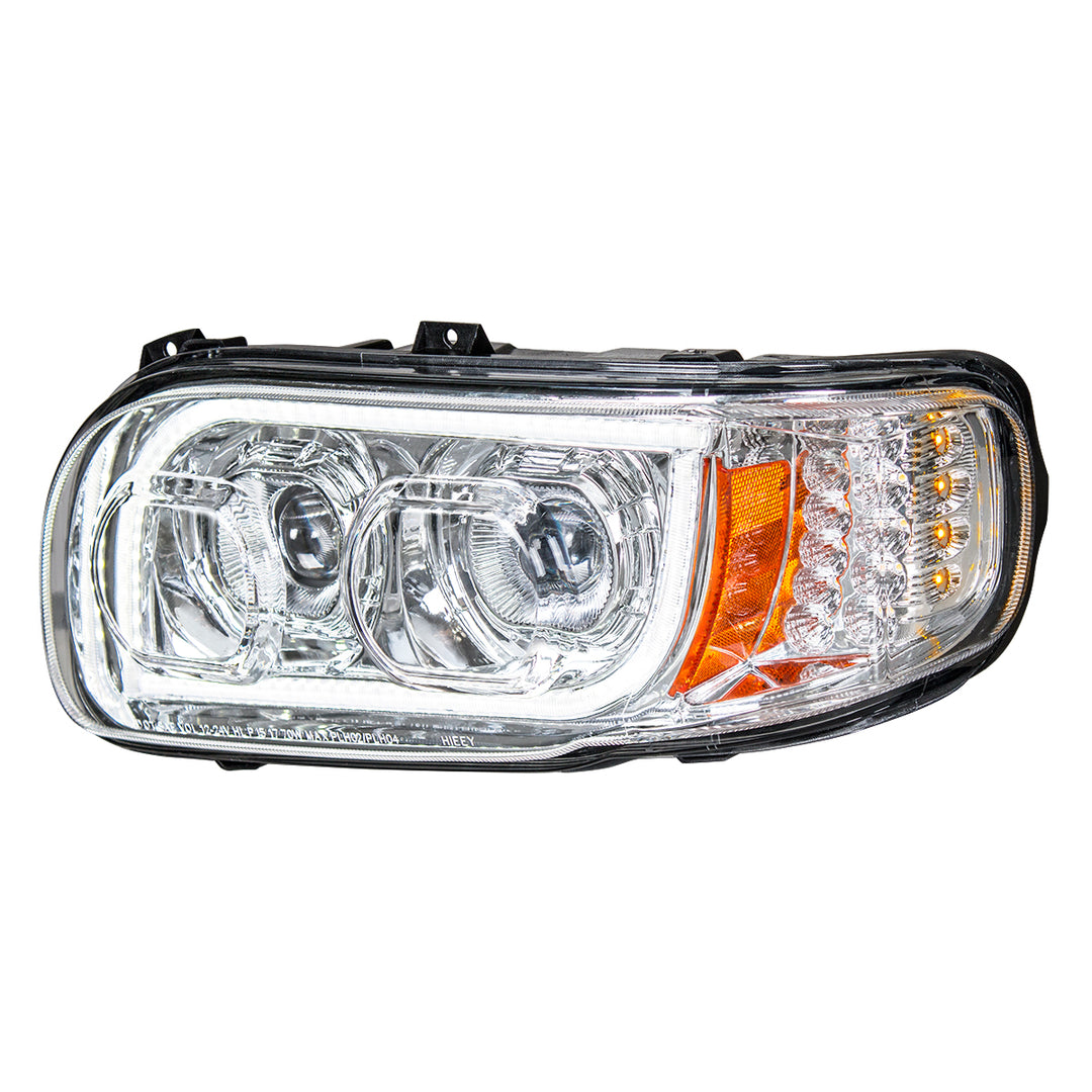 High Power LED Chrome Headlight With 16 LED Turn &amp; 57 LED Bar For 2008-2024 Peterbilt 389 - Driver