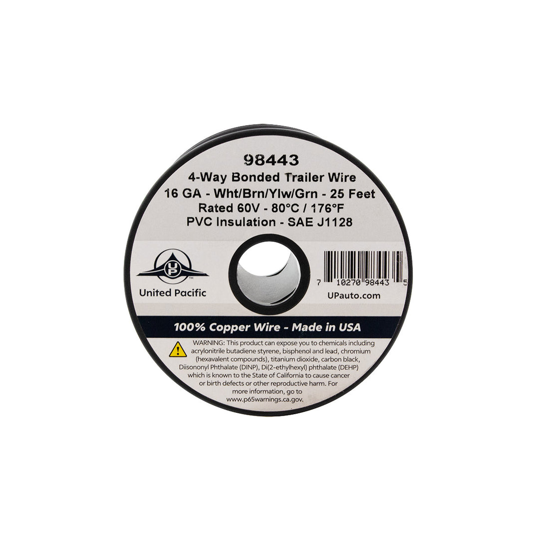 Trailer Wire Bonded - Rated 80°C 16 AWG 4 - Way, Wht/Brn/Ylw/Grn 25 Ft.